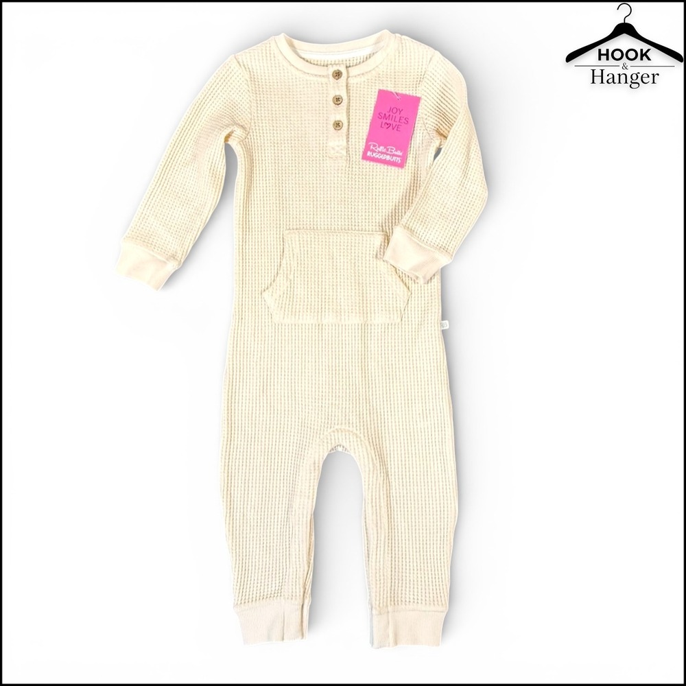 RuggedButts Romper Boys Girls NWT Gift 18-24M Oatmeal Waffle Knit Henley Neutral